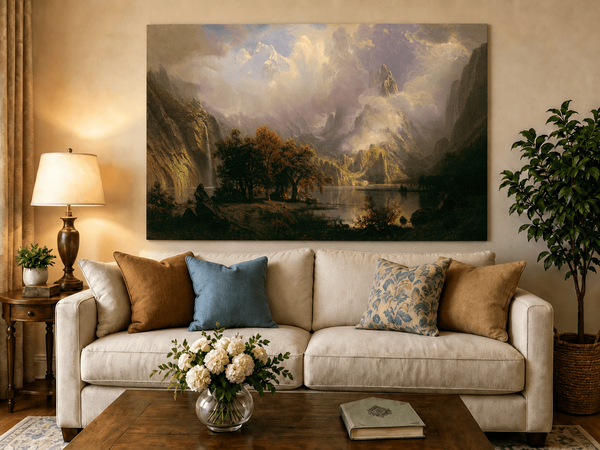 Unframed hand-painted mountain lake oil painting with a waterfall and deer displayed above a neutral living room sofa.