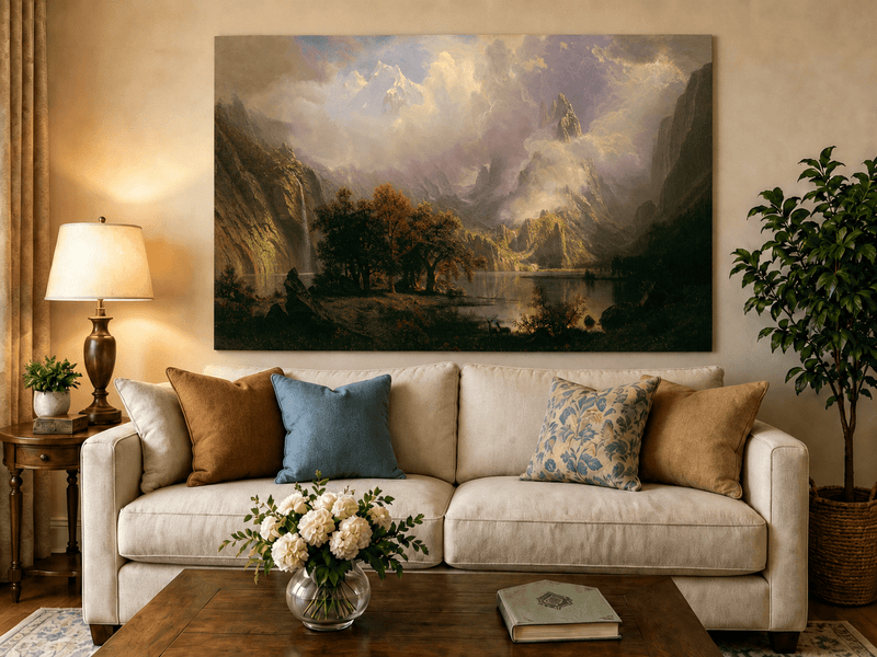 Unframed hand-painted mountain lake oil painting with a waterfall and deer displayed above a neutral living room sofa.