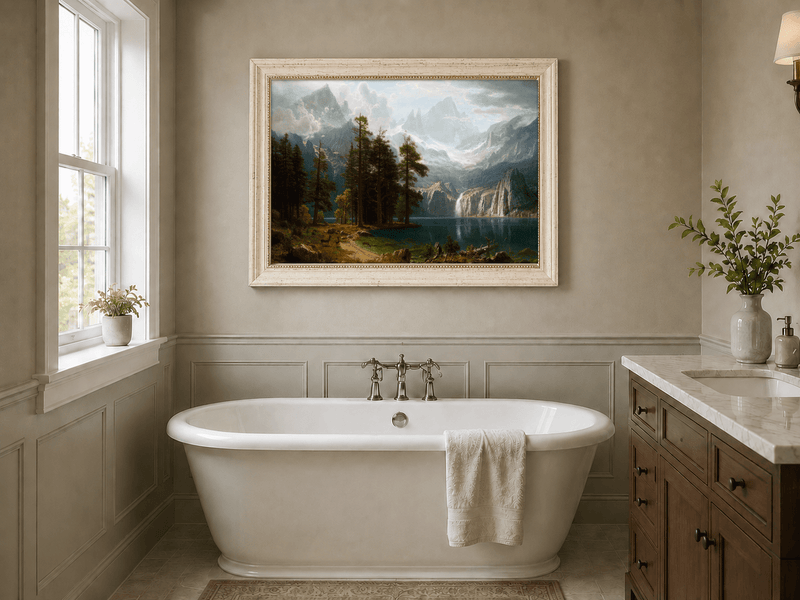 Framed hand-painted mountain lake oil painting with pine forest, waterfall and misty peaks displayed above a freestanding bathtub.