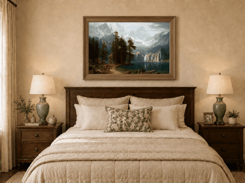 Framed hand-painted mountain lake oil painting with pine forest, waterfall and misty peaks displayed above a wooden bed in a neutral bedroom.