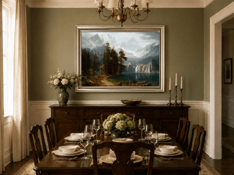 Framed hand-painted mountain lake oil painting with pine forest, waterfall and misty peaks displayed above a formal dining table.