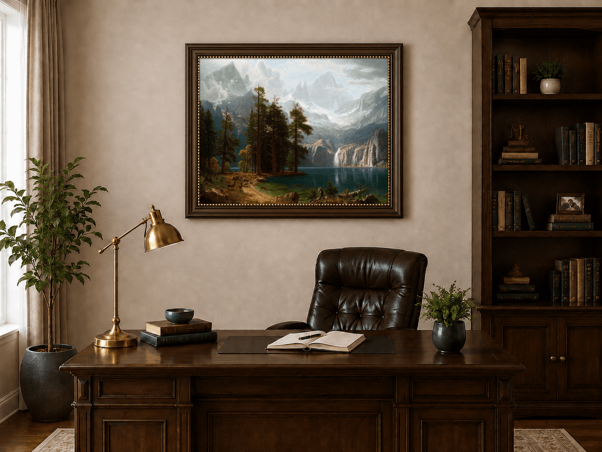 Framed hand-painted mountain lake oil painting with pine forest, waterfall and misty peaks displayed above a traditional home office desk.