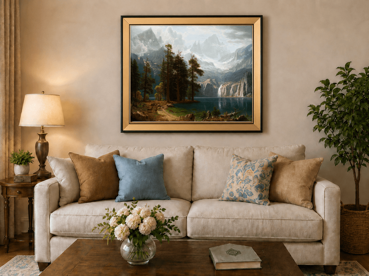 Framed hand-painted mountain lake oil painting with pine forest, waterfall and misty peaks displayed above a neutral living room sofa.
