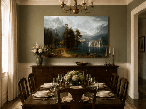 Unframed hand-painted mountain lake oil painting with pine forest, waterfall and misty peaks displayed above a formal dining table.