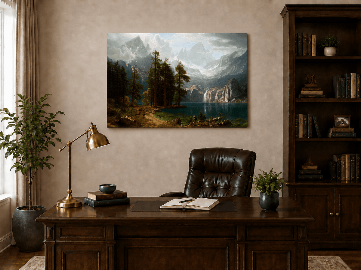 Unframed hand-painted mountain lake oil painting with pine forest, waterfall and misty peaks displayed above a traditional home office desk.