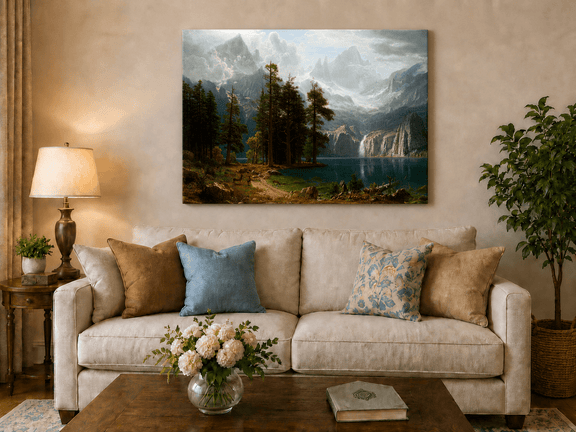 Unframed hand-painted mountain lake oil painting with pine forest, waterfall and misty peaks displayed above a neutral living room sofa.
