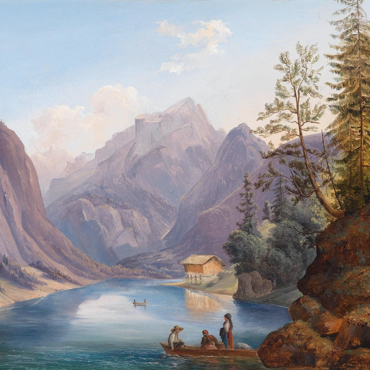 Mountain Lake with Boat, Chalet, and Figures – Landscape Oil Painting - Oil Painting Haven