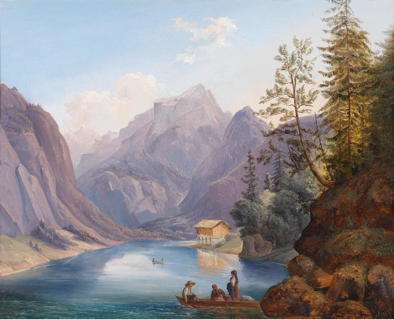 Mountain Lake with Boat, Chalet, and Figures – Landscape Oil Painting - Oil Painting Haven