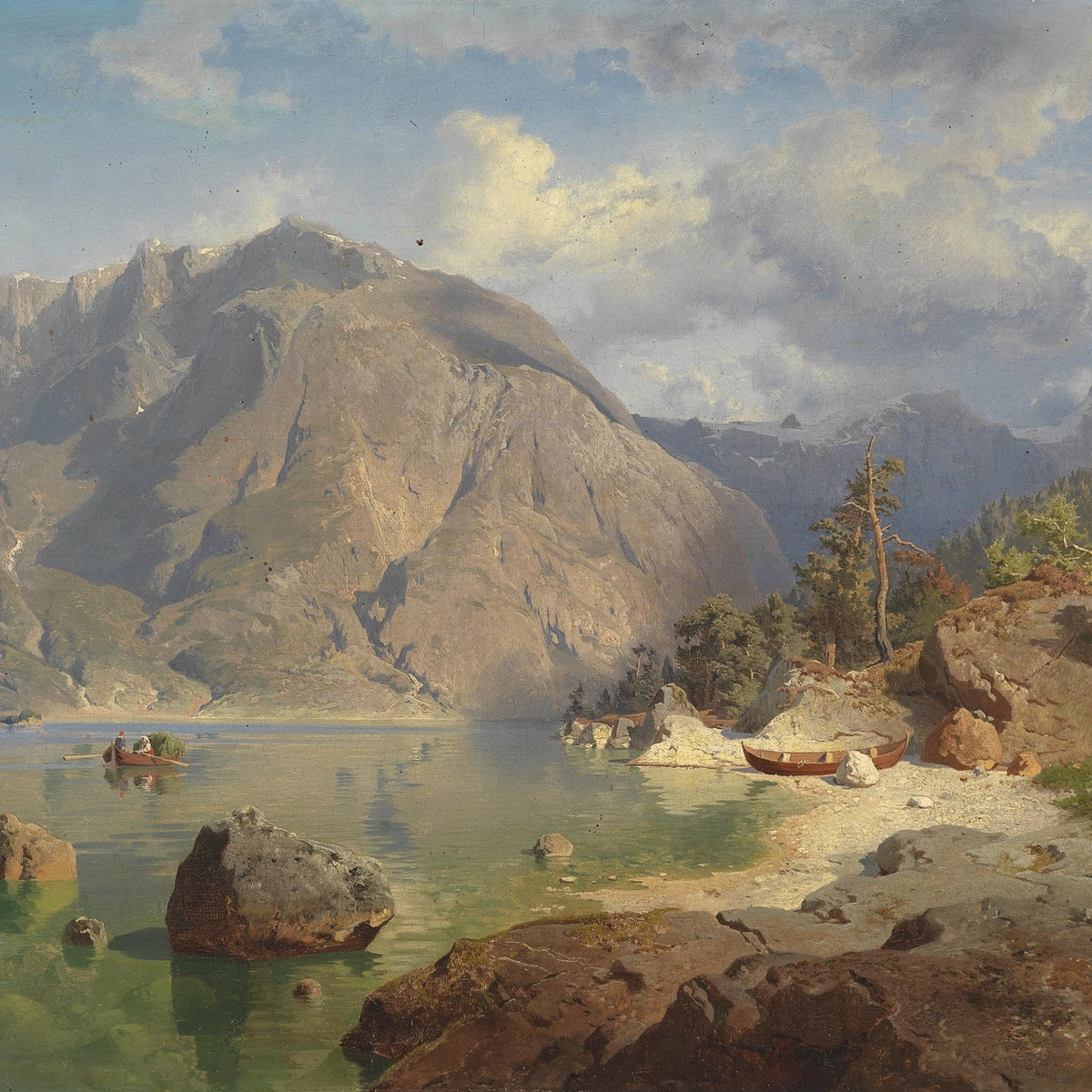 Mountain Lake with Boats and Alpine Cliffs – Landscape Oil Painting - Oil Painting Haven