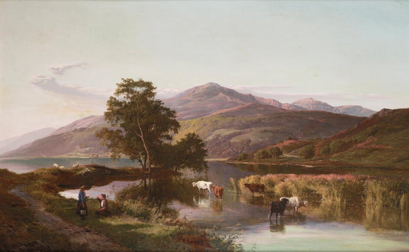 Mountain Lake with Cattle and Pastoral Life – Landscape Oil Painting - Oil Painting Haven