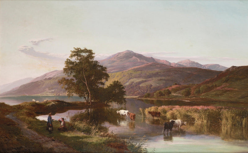 Mountain Lake with Cattle and Pastoral Life – Landscape Oil Painting - Oil Painting Haven