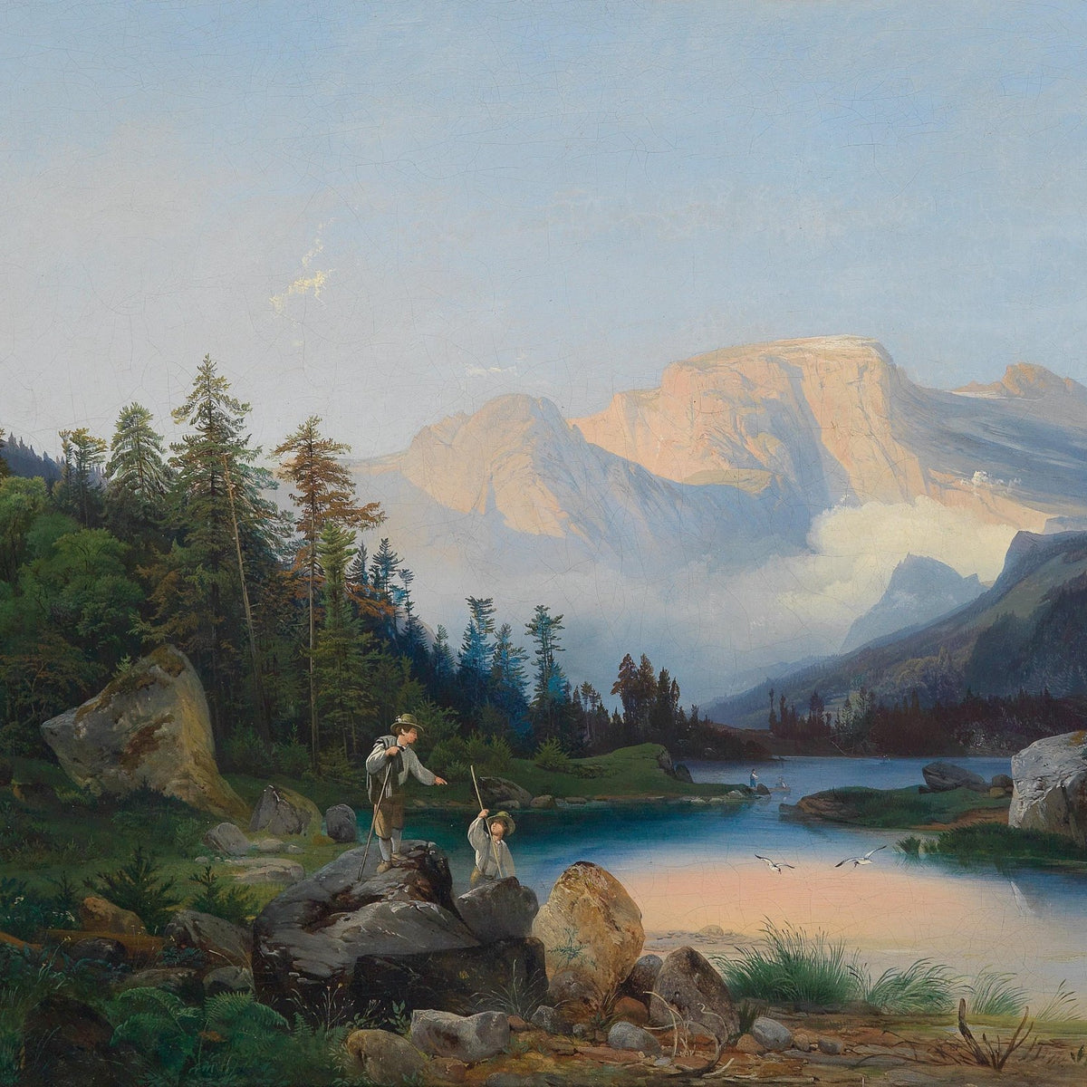 Mountain Lake with Figures and Pine Forest – Landscape Oil Painting - Oil Painting Haven