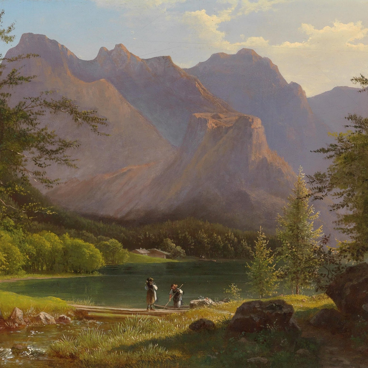 Mountain Lake with Figures and Sunlit Peaks – Landscape Oil Painting - Oil Painting Haven