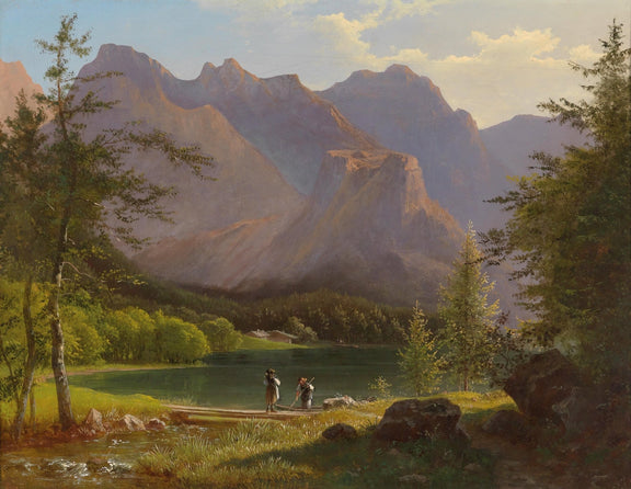 Mountain Lake with Figures and Sunlit Peaks – Landscape Oil Painting - Oil Painting Haven