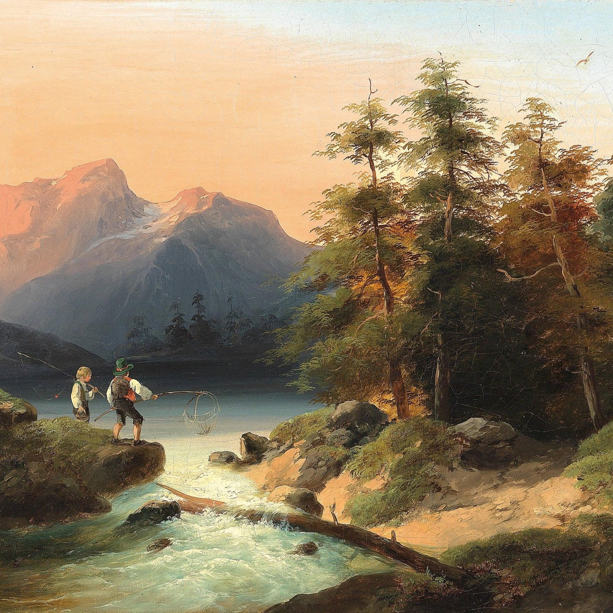 Mountain Lake with Figures by a Stream – Landscape Oil Painting - Oil Painting Haven