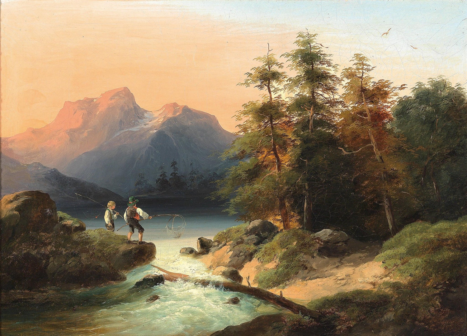 Mountain Lake with Figures by a Stream – Landscape Oil Painting - Oil Painting Haven