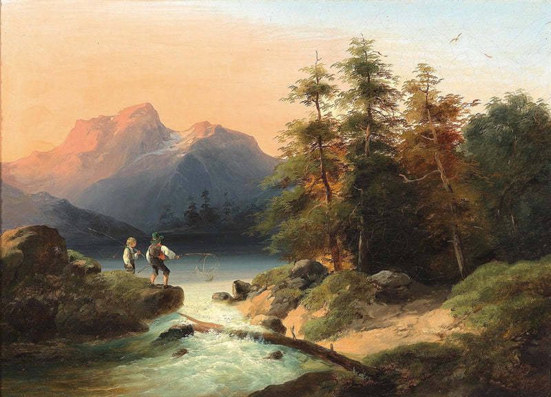 Mountain Lake with Figures by a Stream – Landscape Oil Painting - Oil Painting Haven