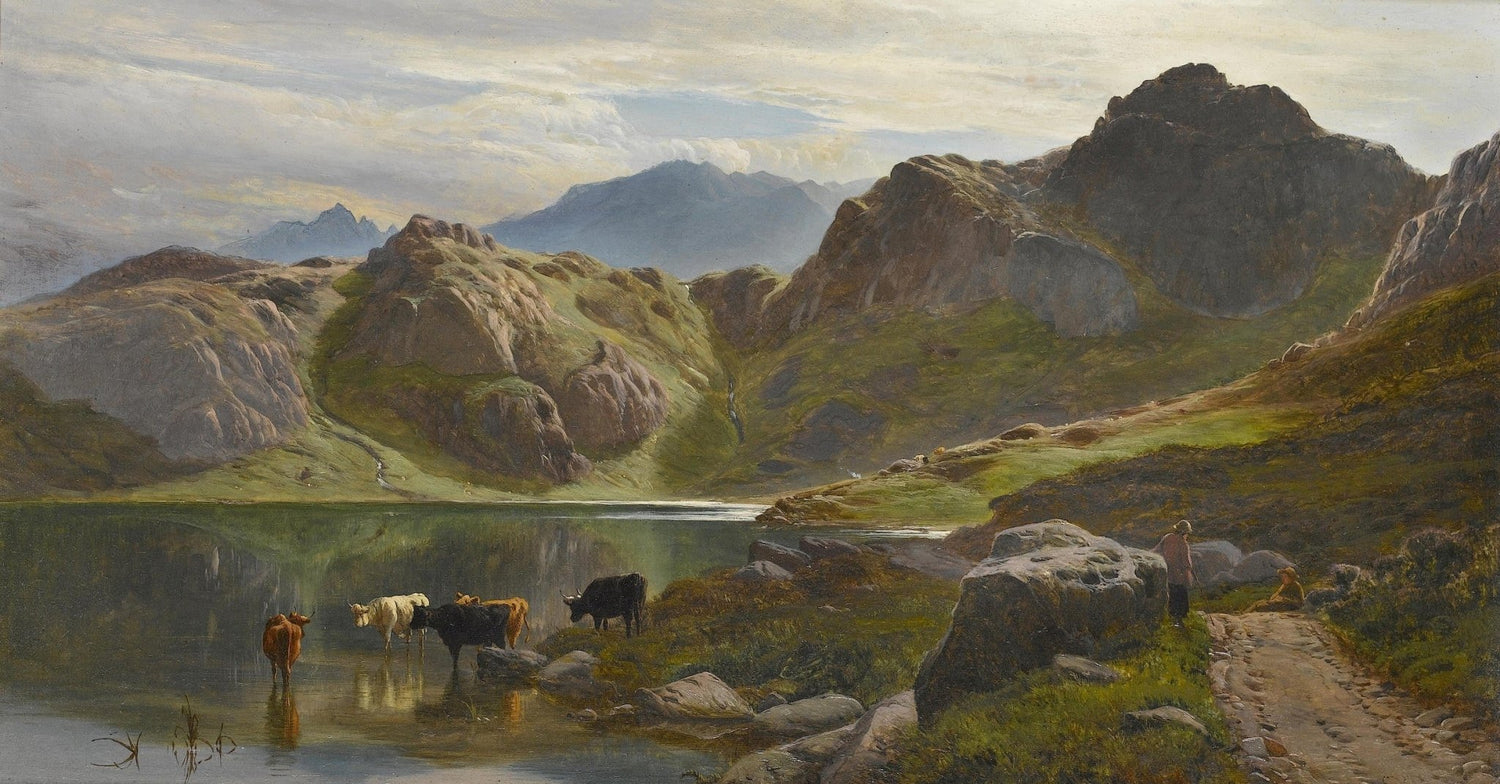 Mountain Lake with Grazing Cattle and Hills – Landscape Oil Painting - Oil Painting Haven