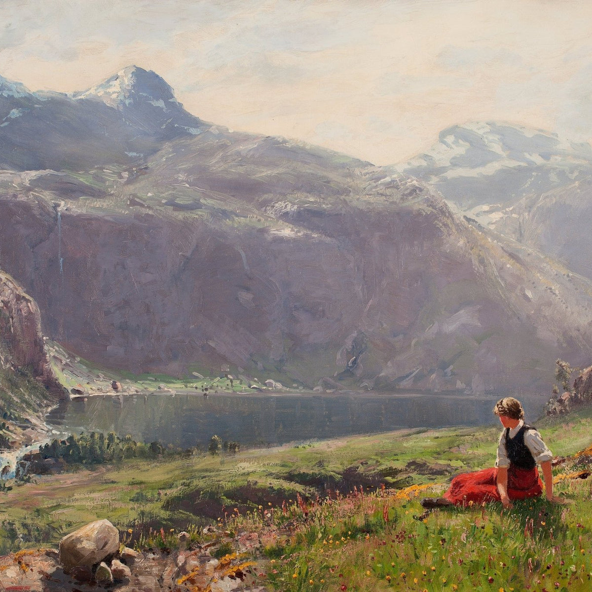 Mountain Lake with Seated Figure – Landscape Oil Painting - Oil Painting Haven