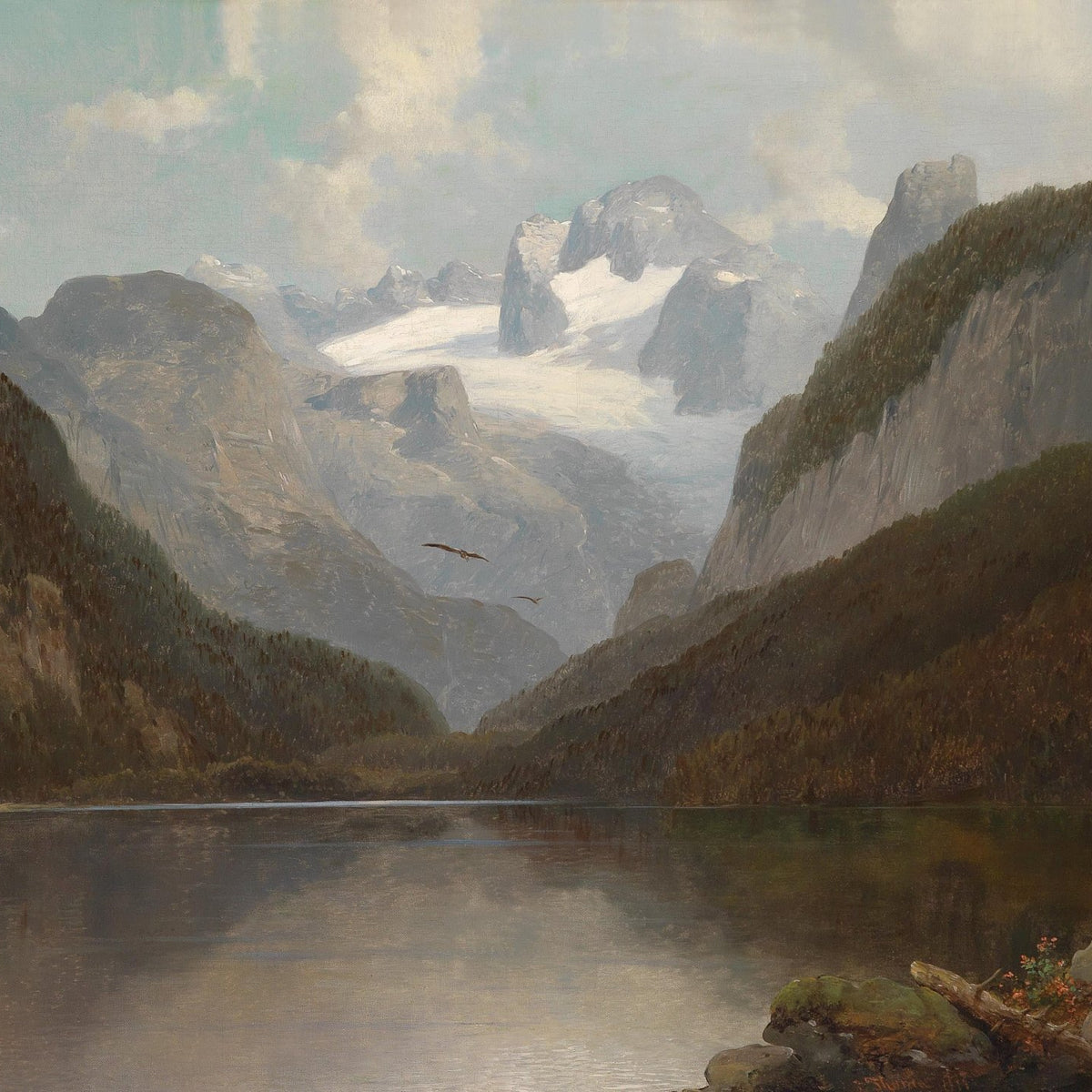 Mountain Lake with Snowy Peaks, Reflections – Landscape Oil Painting - Oil Painting Haven