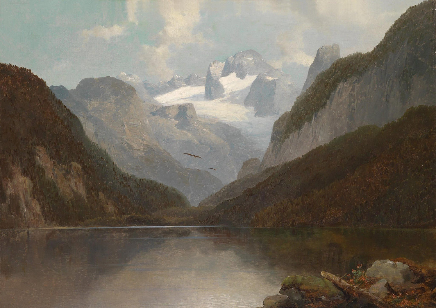 Mountain Lake with Snowy Peaks, Reflections – Landscape Oil Painting - Oil Painting Haven