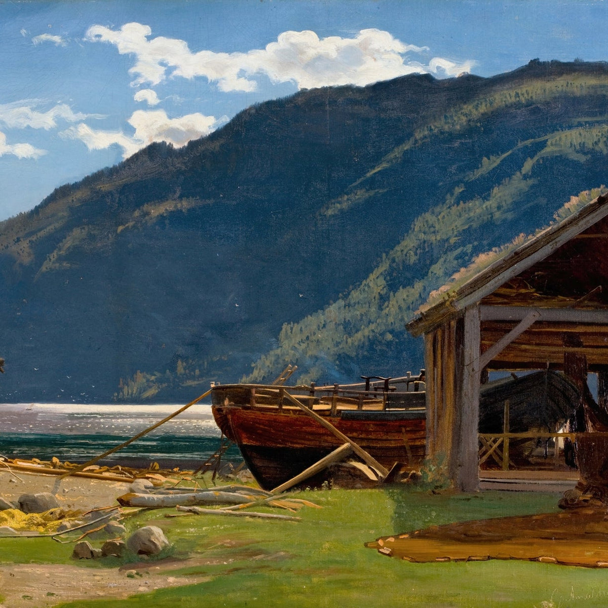 Hand-painted mountain lakeside boat yard scene landscape oil painting on canvas