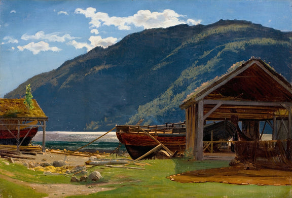 Hand-painted mountain lakeside boat yard scene landscape oil painting on canvas