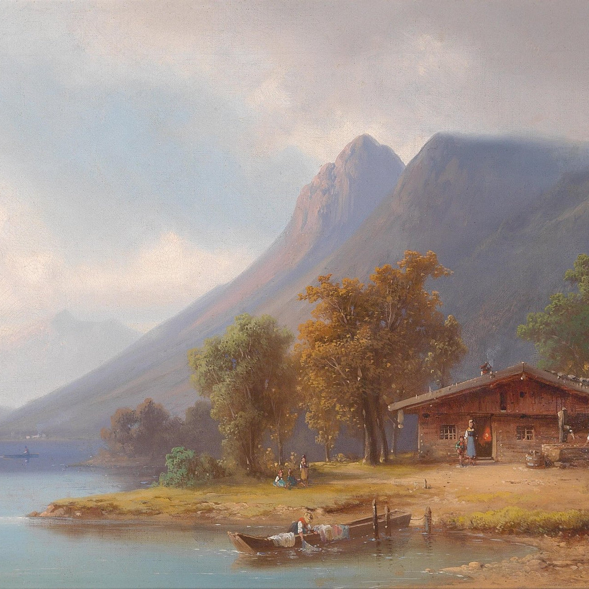 Mountain Lakeside Cabin with Figures, Boats – Landscape Oil Painting - Oil Painting Haven