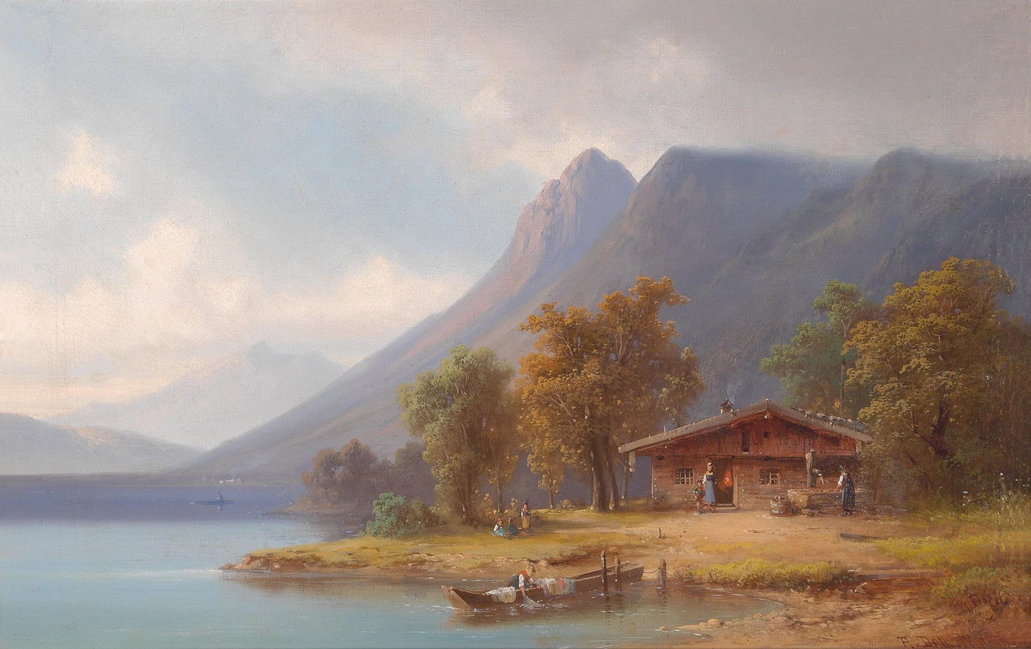 Mountain Lakeside Cabin with Figures, Boats – Landscape Oil Painting - Oil Painting Haven