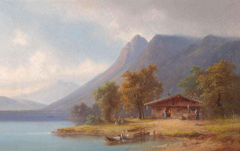 Mountain Lakeside Cabin with Figures, Boats – Landscape Oil Painting - Oil Painting Haven