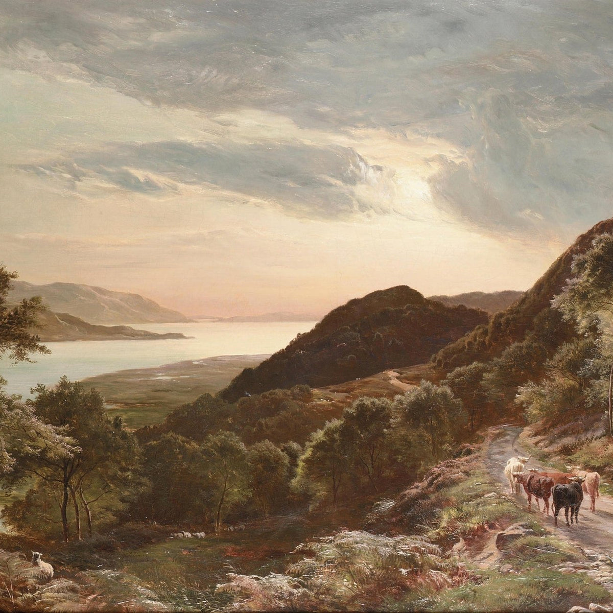 Mountain Path, Cattle near a Lake at Sunset – Landscape Oil Painting - Oil Painting Haven