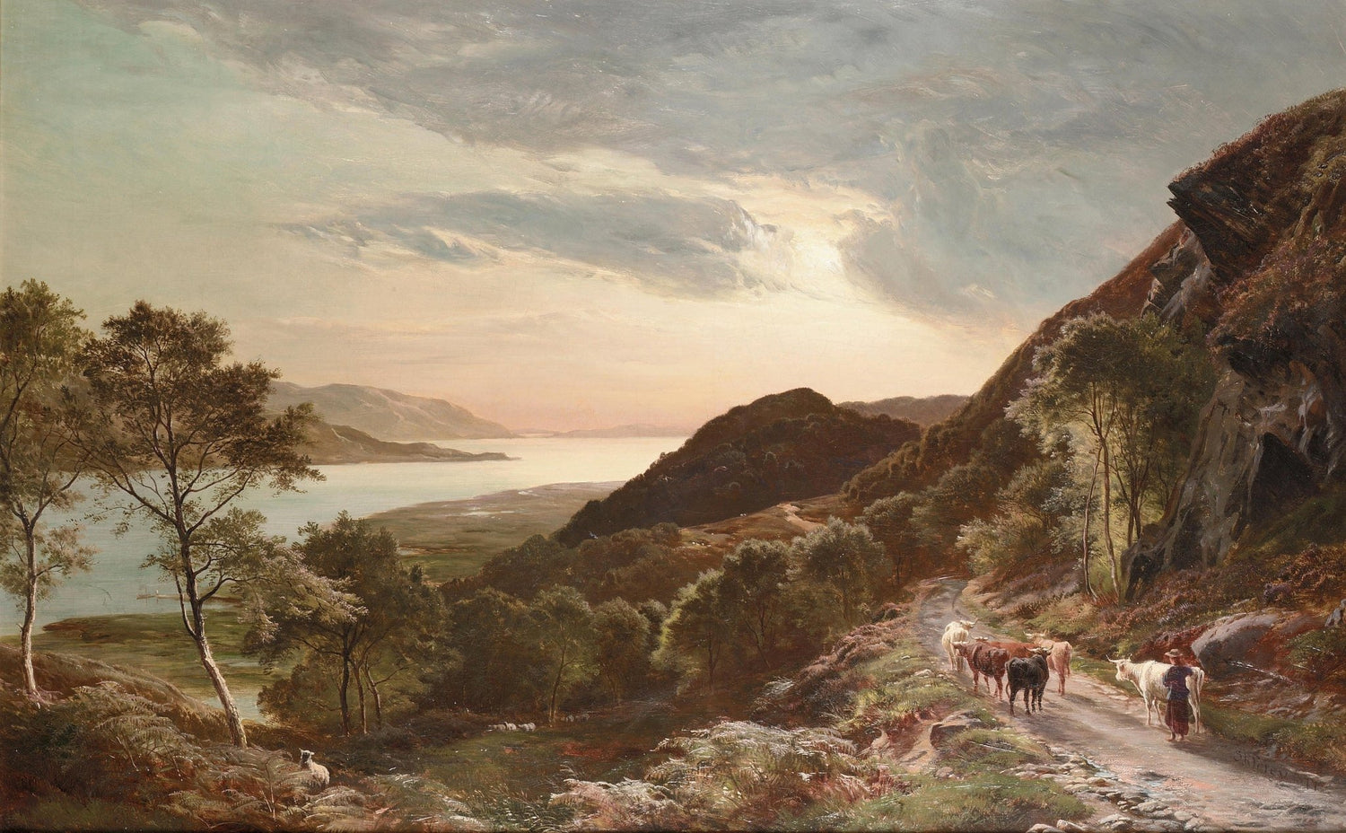 Mountain Path, Cattle near a Lake at Sunset – Landscape Oil Painting - Oil Painting Haven