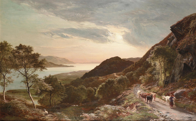Mountain Path, Cattle near a Lake at Sunset – Landscape Oil Painting - Oil Painting Haven