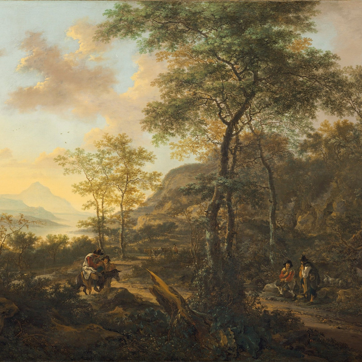 Hand-painted mountain path with travelers at sunset landscape oil painting on canvas