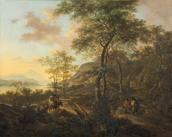 Hand-painted mountain path with travelers at sunset landscape oil painting on canvas