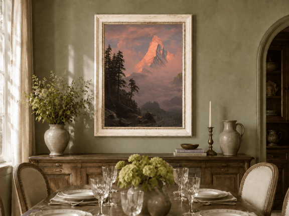 Framed hand-painted mountain oil painting with a sunlit peak, dark forest and mist displayed above a formal dining table.
