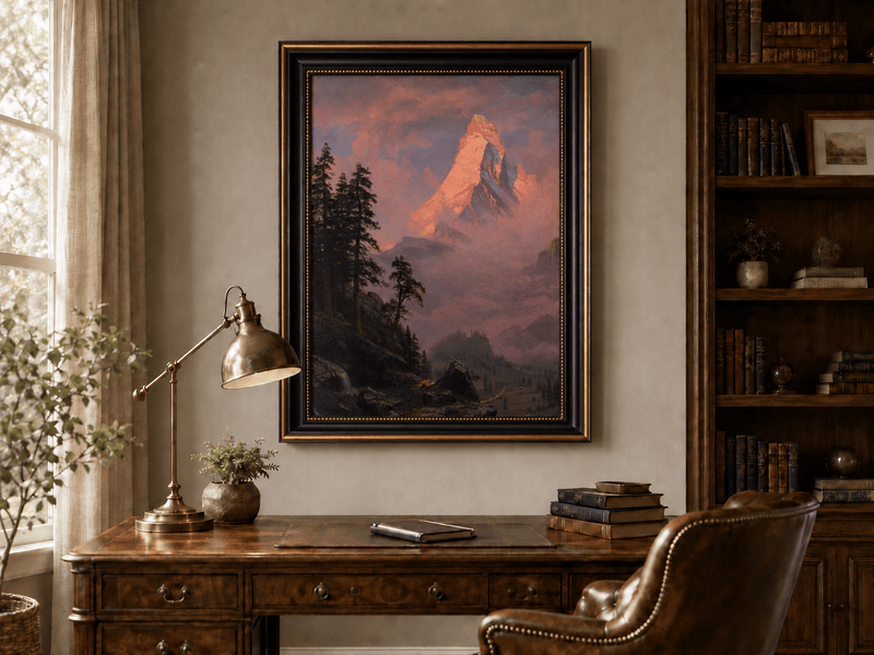 Framed hand-painted mountain oil painting with a sunlit peak, dark forest and mist displayed above a traditional home office desk.