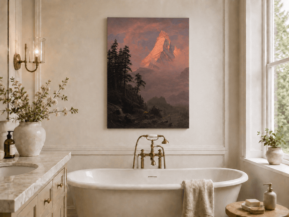 Unframed hand-painted mountain oil painting with a sunlit peak, dark forest and mist displayed above a freestanding bathtub.