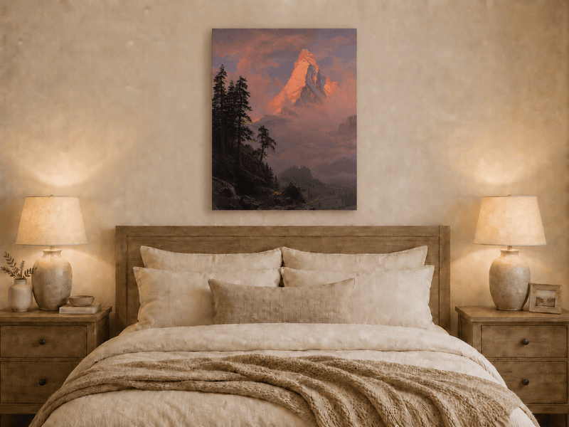 Unframed hand-painted mountain oil painting with a sunlit peak, dark forest and mist displayed above a wooden bed in a neutral bedroom.