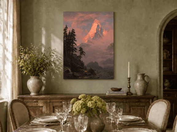 Unframed hand-painted mountain oil painting with a sunlit peak, dark forest and mist displayed above a formal dining table.