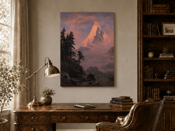 Unframed hand-painted mountain oil painting with a sunlit peak, dark forest and mist displayed above a traditional home office desk.