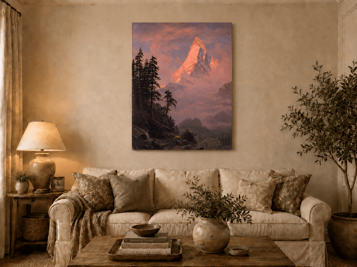 Unframed hand-painted mountain oil painting with a sunlit peak, dark forest and mist displayed above a neutral living room sofa.