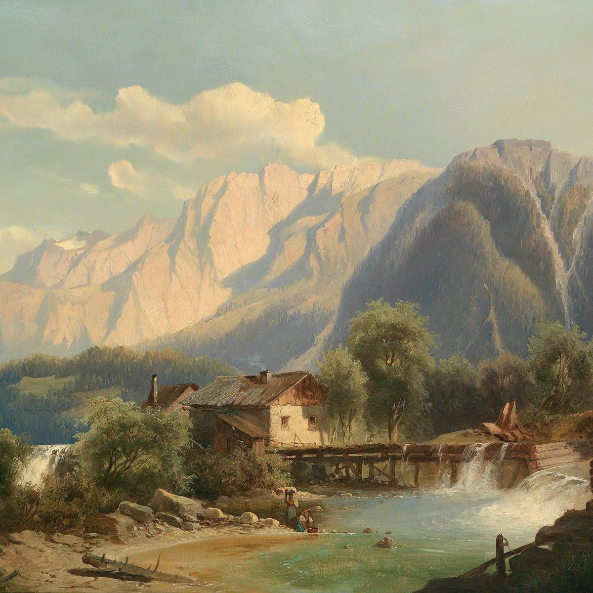 Mountain River Cottage with Waterfall – Landscape Oil Painting - Oil Painting Haven