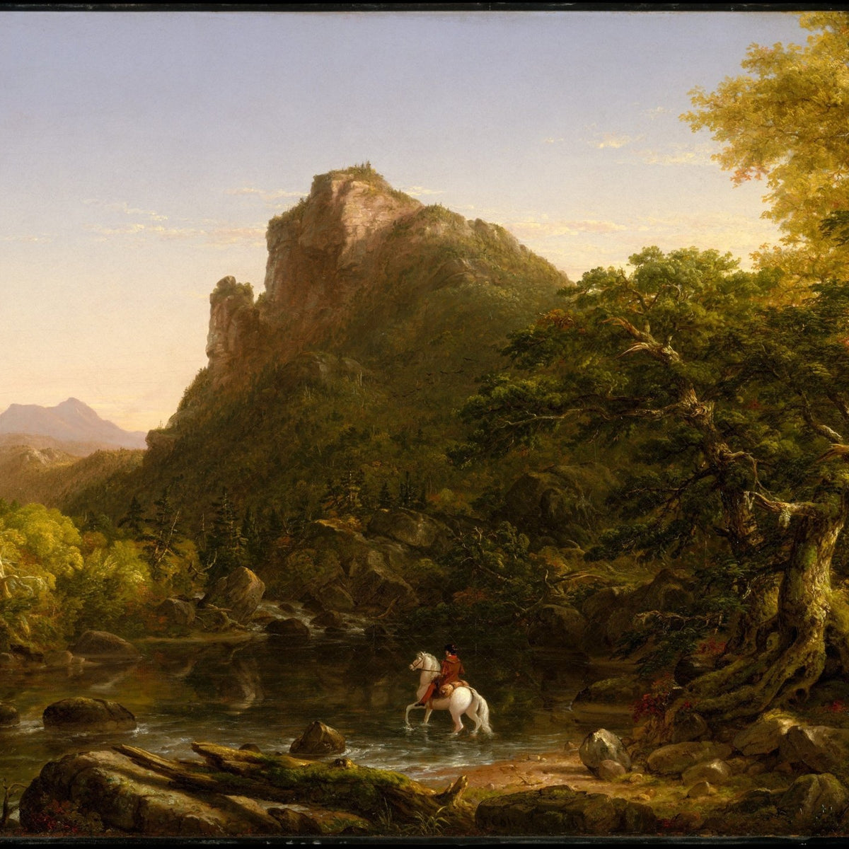 Mountain River Crossing with Autumn Forest - Landscape Oil Painting - Oil Painting Haven