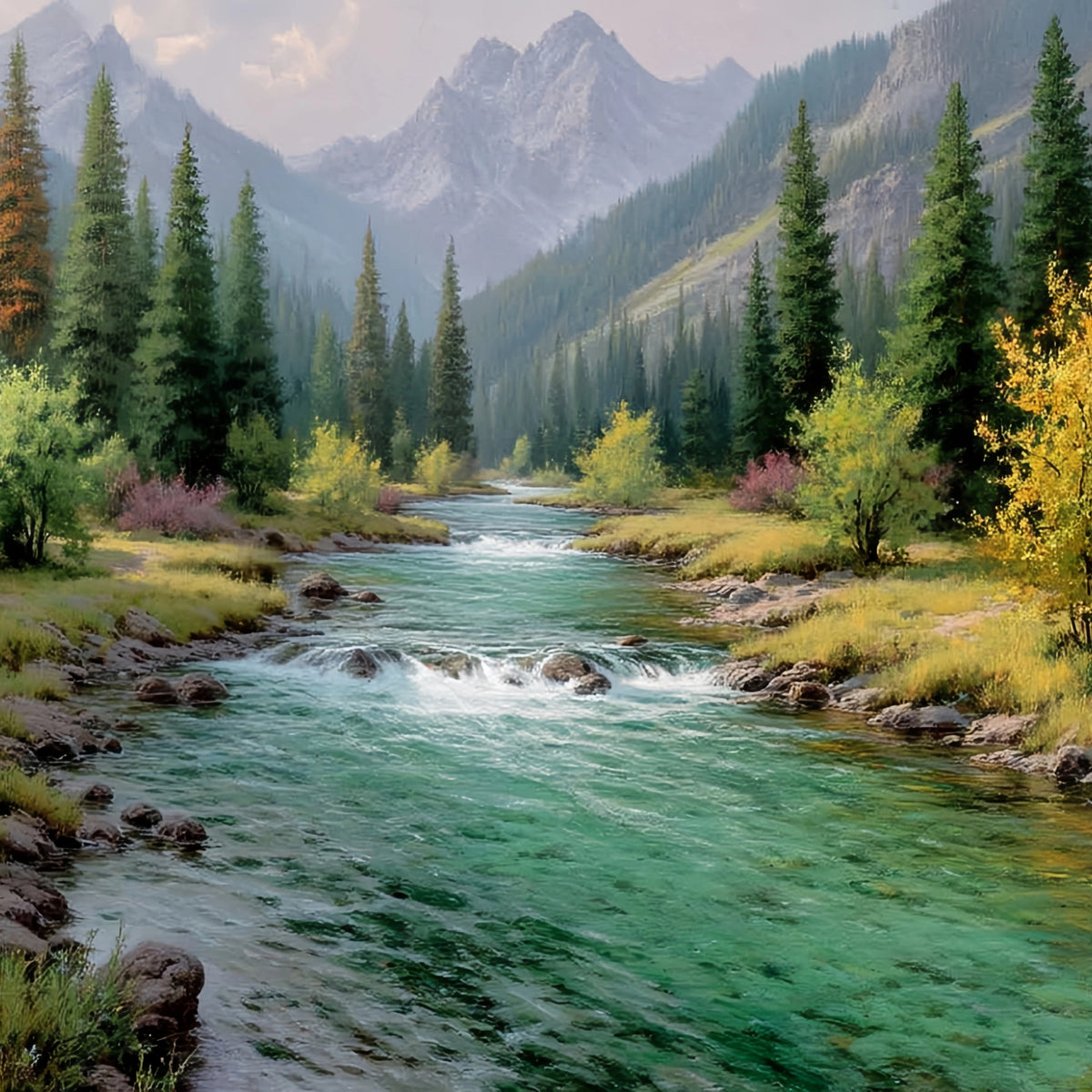 Mountain River Forest Original Oil Painting For Sale - Oil Painting Haven