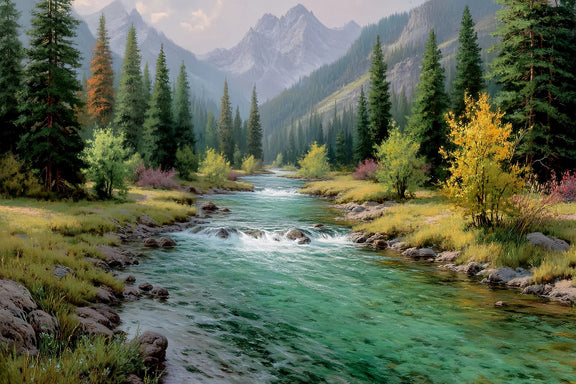 Mountain River Forest Original Oil Painting For Sale - Oil Painting Haven