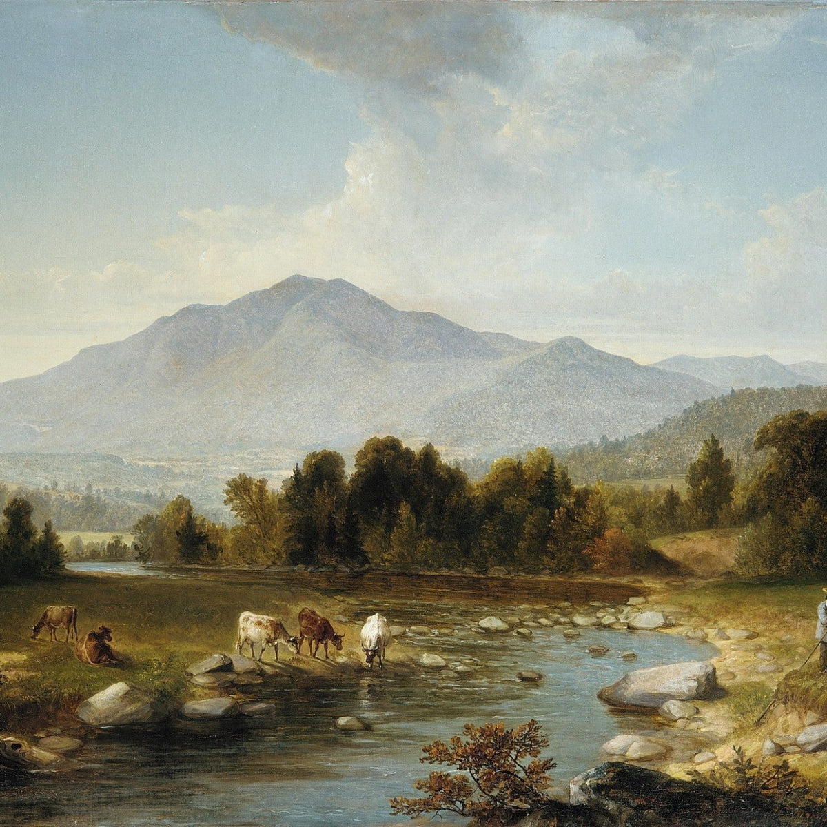 Mountain River Valley with Grazing Cattle - Landscape Oil Painting - Oil Painting Haven