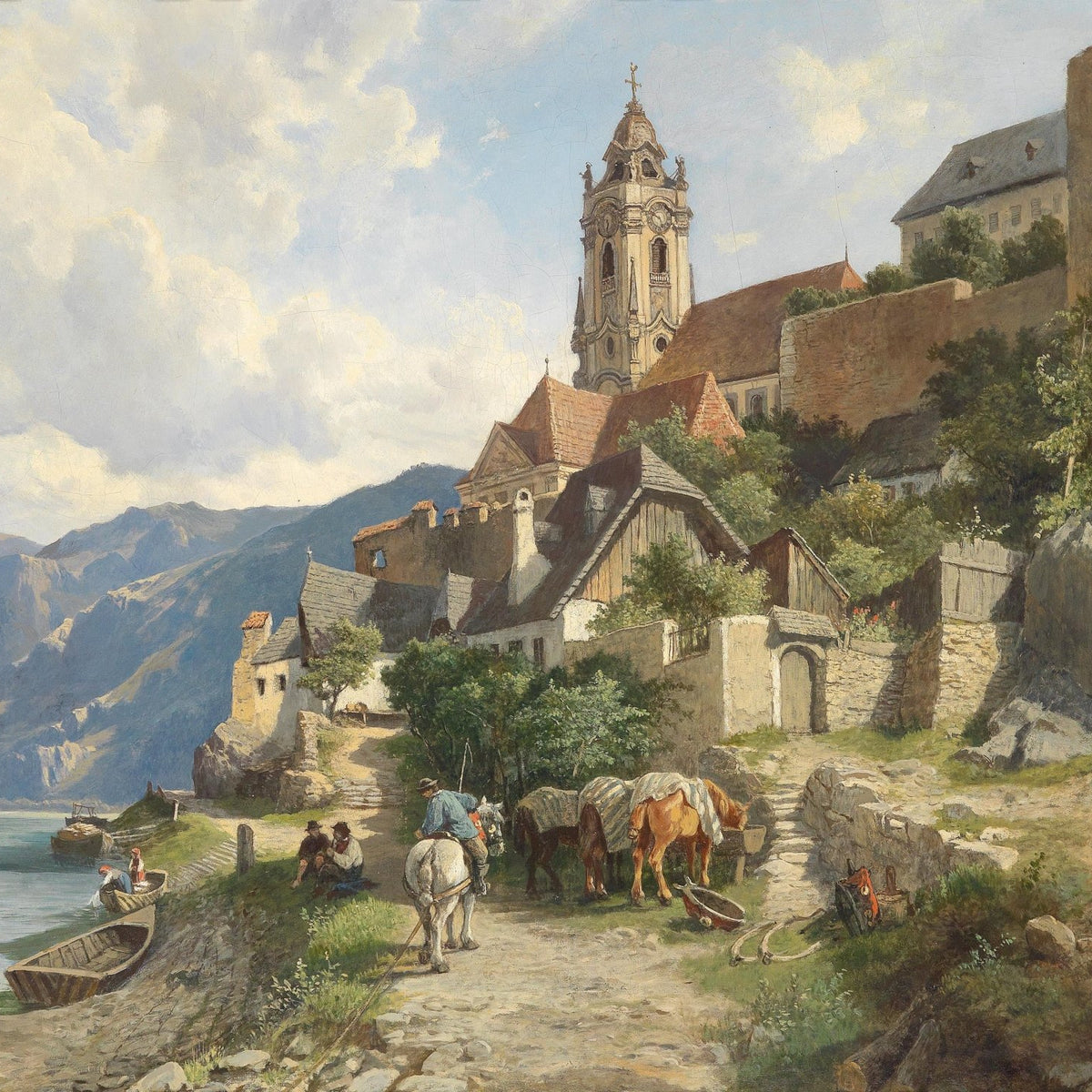 Mountain Riverside Village, Church, Horses – Landscape Oil Painting - Oil Painting Haven