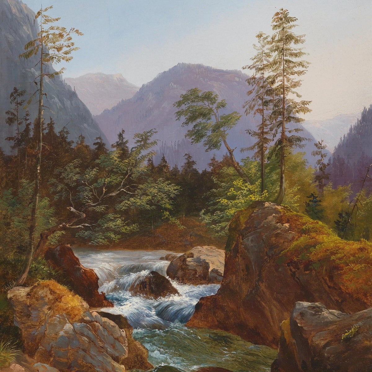 Mountain Stream Through a Pine Forest at Dawn – Landscape Oil Painting - Oil Painting Haven