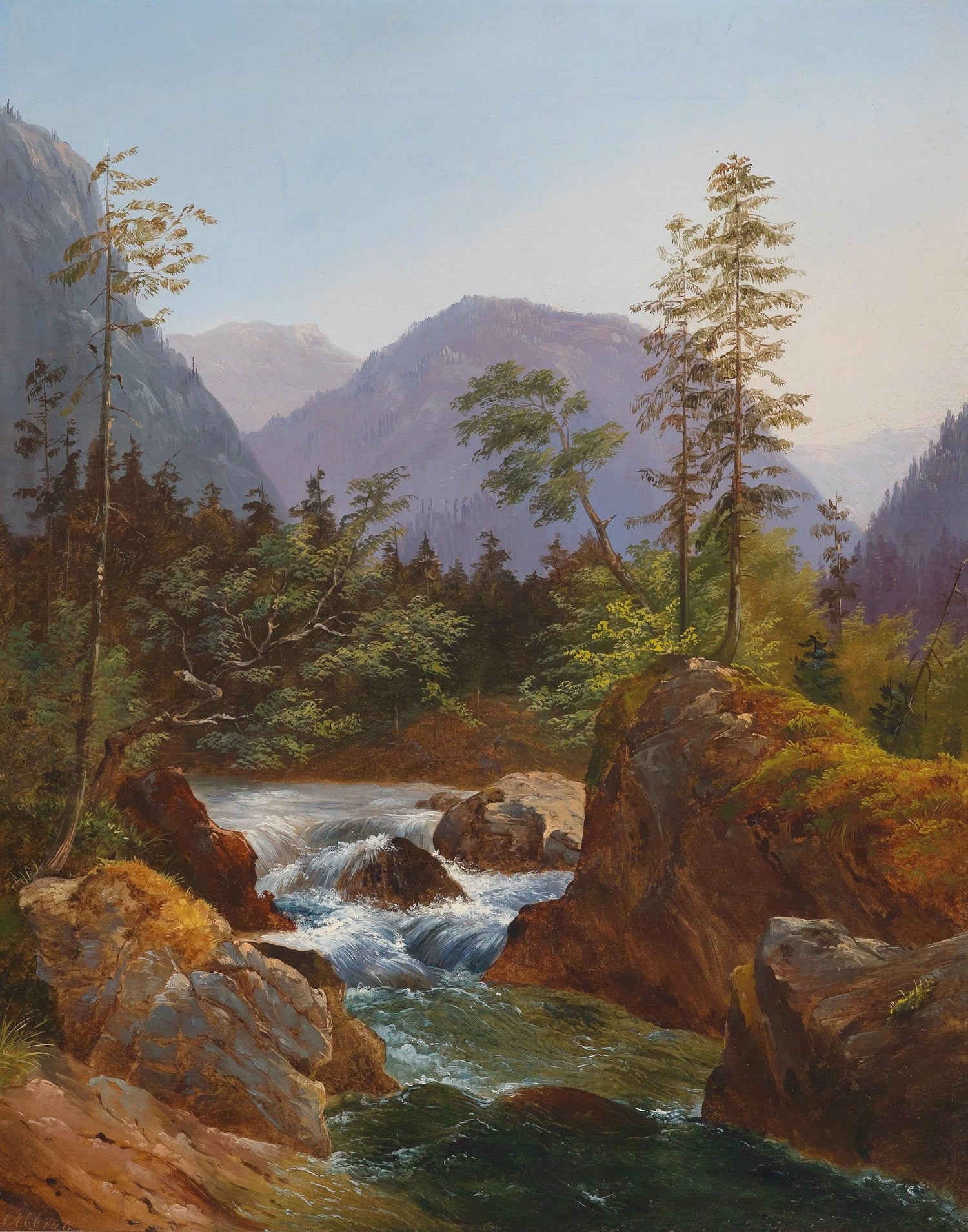 Mountain Stream Through a Pine Forest at Dawn – Landscape Oil Painting - Oil Painting Haven